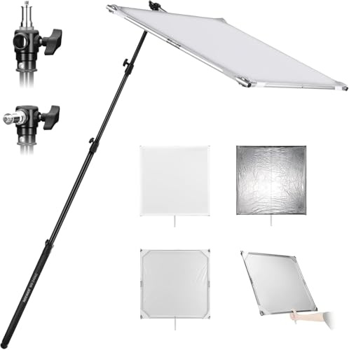 NEEWER Light Diffusion Panel Scrim Kit with Silver/White Reflector Film 30x30 Foldable Frame, 5/8 Baby Pins Handle, Telescopic Boom Pole, 3 in 1 Diffuser for Studio Portrait Product Shots, SF7575F