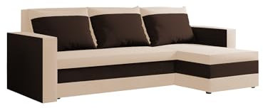 FORNIRO 24 Loft Ecksofa mit Schlaffunktion und Bettkasten – Sofa L-Form 225x130x75 cm, Stoff Basic in Creme-Braun, 3 Sitze & Kissen für modernes Wohnen