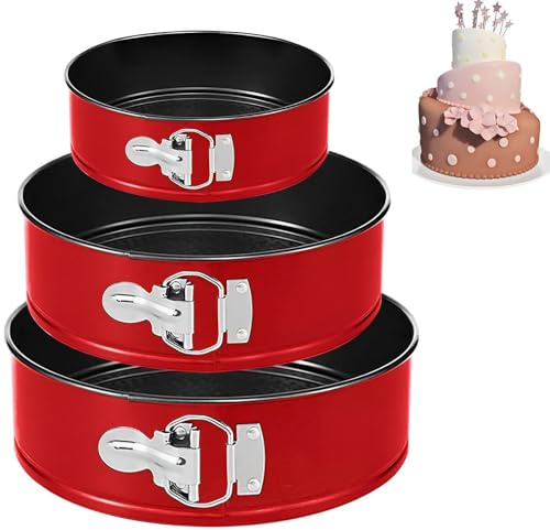 Ichigo Ichie Juego de 3 Piezas Moldes Redondos de Acero Para Reposteria, Molde Tarta Desmontable, Antiadherente y a Prueba de Fugas, Ideal Para Hacer Pasteles, Tamaño 22/25/26cm, Rojo