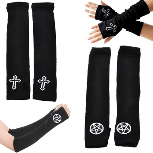 VireEyU Armstulpen für Frauen, 2 Paar fingerlose Handschuhe, Schwarz, Punk Gothic Stil, Handgelenkshandschuhe mit Daumenlöchern, ideal für Halloween Kostüm und Cosplay.