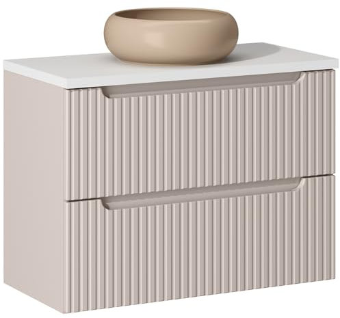 Lomadox Badezimmer Waschtisch 80cm mit Aufsatz-Waschbecken, Kaschmir und weiß, gerillte Front