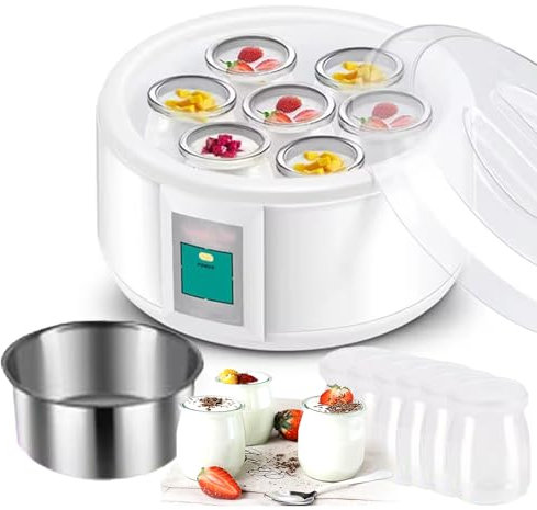 Automatic Yogurt Machine,1.5L Yogurt Maker with 7 Glass Cup,LCD Display, DIY Tool Stainless Steel Inner Yoghurt Beker，Easy Clean,Natto Rice Wine Maker for Making Fresh Desserts