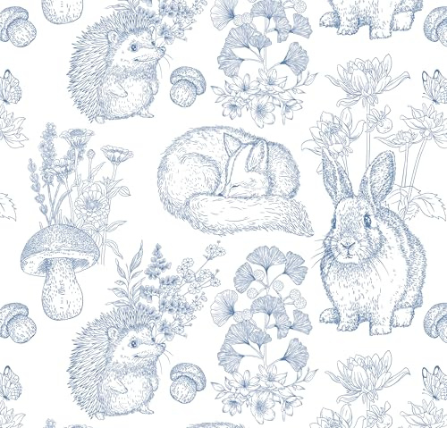 Peel and Stick Wallpaper Woodland Animals Wallpaper Contact Paper 17x78 Removable Wall Paper Self Adhesive Nature Inspired Wall Décor for Walls Covering White Blue
