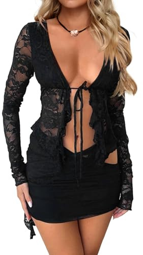 Oheyeseker Top Sexy Manica Lunga Camicetta Sottile Blusa in Pizzo Elegante Coulisse Maglietta Trasparente con Scollo a V Nero-XL