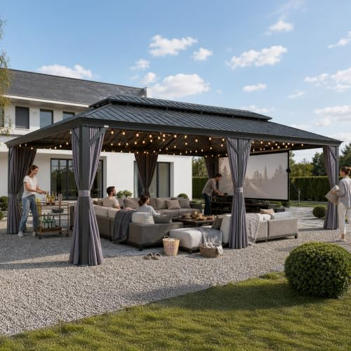 PURPLE LEAF Pavillon 4.25 x 6 m LED Licht Seitenteilen Alu Rahmen, Grau | Bruchsichere Licht, Regenrinne, Garngefärbter Stoff Vorhänge, Teslin-Netzgewebe, Rostfreies Metalldach, Dekorative Haken