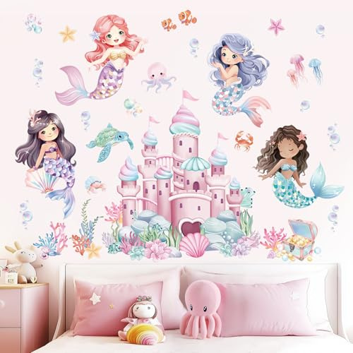 wondever Wandtattoo Meerjungfrau Mädchen Wandsticker Unter dem Meer Schloss | Abziehen und Aufkleben, Abziehbar, Wandaufkleber Selbstklebend für Kinderzimmer Mädchen Babyzimmer Mädchenzimmer Wanddeko