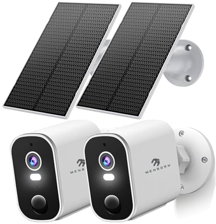 Menborn 2K/4MP Überwachungskamera Aussen Akku Solar, 2,4GHz WLAN Kabellose Überwachungskamera außen mit Farbige Nachtsicht, 2-Wege Audio, Spotlights, Kompatibel mit Alexa, IP65, 2PCS