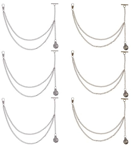 CHGCRAFT 6 Stück 2 Stil Taschenuhr Kette mit Medaillon Anhänger Messingkette für Anzug Anstecknadel Schmuck Geschenke Kleidung Zubehör, Antike Bronze und Antike Silber, 13 Zoll lang