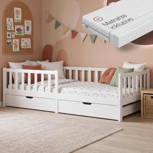 Bellabino Vere Kinderbett 90x200 cm, mit Matratze, mit 2 Schubladen, Weiß | Montessori Kinderbett mit Rausfallschutz & Lattenrost, Massivholzbett für Jungen & Mädchen aus Holz Kiefer, Kleinkindbett