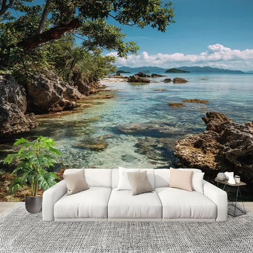 Fresque intissé 350x256cm Motif De Paysage De Bord De Mer 3D Impression Haute Définition Papier Peint Décoration Murale Poster Vert Anti-rides Murale Moderne Salon Chambre á Coucherr Bureau Salle