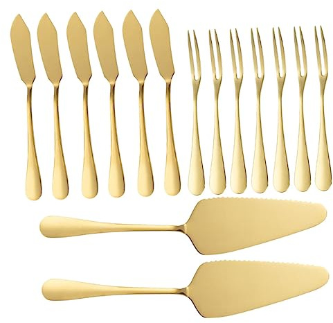 Uonlytech Pelle à Gâteau Inoxydable Dorée, Fourchette à Fruits Élégante, Couteau à Beurre Tranchant, Ensemble 14 Pièces, Ustensiles De Service Pour Mariage Et Dessert