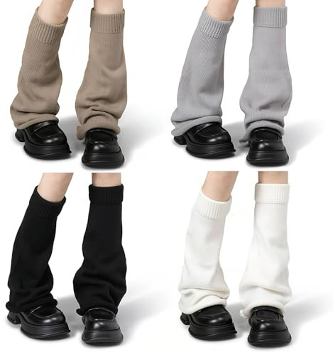 Long Knitted Leg Warmers Ladies,4 PCS Knitted Preppy Leg Warmers,Soft Stretchy Warm for Women Girls,Retro 8090s Punk Knee High Stockings Boots Cuff,Stylish Y2k Sports Party Yoga Ballet Accessories