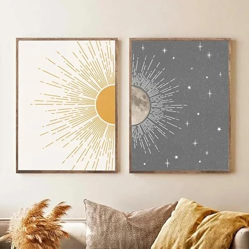 2 Immagini Set-Art Decor-Quadro su Tela Astratto Con Sole Luna e Stelle Moderno Bianco e Grigio Stampa Poster Celeste Immagine Soggiorno Camera da Letto Decorazione-30*50Cm/12*20Inch (Senza Telaio)