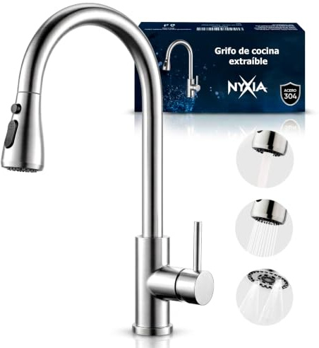 Nyxia® Grifo Cocina Extraible para Fregadero | Giratorio 360° | 3 Modos de Agua | Fácil Instalación | Grifos Cabezal Rociador.
