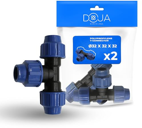 DOJA Barcelona Raccordo a T a Compressione per Tubo PE - 32 x 32 x 32mm - Pack 2 - Installazione Rapida, Connettore a T per Irrigazione in Polipropilene, Robusto, Giunto per Tubi in PE, Connector