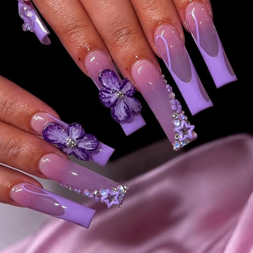 Goiern Unghie Finte Quadrate Autoadesive A Lunga Durata in Stile Francese con Motivo Floreale Viola E Strass Set Carino da Applicare per Donne 24