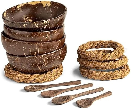 Cuenco de coco con cuchara y soporte, juego de 4 cuencos de cáscara de coco + cuchara de madera y cuencos antivibración para servir ensalada Buen procesamiento