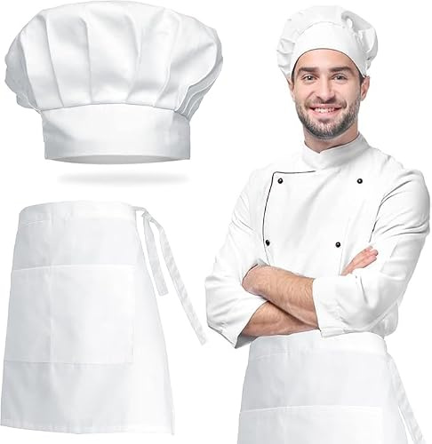 Grembiule Pettorina Regolabile, Cappello e Grembiule da Cuoco, Grembiule da Cuoco Bianco Traspirante, Grembiule da Cucina Corto per Uomini e Donne, Per Panettiere, Cucina, Casa, Ristorante e Hotel