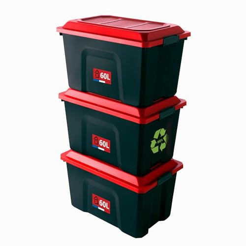 SUNDIS | LOT DE 3 Malles de Rangement LOCKER avec Couvercle - 60 - Litres Noir et Rouge