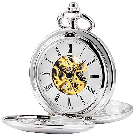 TREEWETO Reloj de bolsillo de esqueleto de doble caja abierta para hombre, mecánico, cuerda de mano, color plateado, Movimiento Gole, Clásico