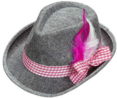 Amakando Witziger Bayern-Hut als Kostüm-Zubehör Dirndl/Filz grau mit Karoband & Federn rosa-weiß/Sepplhut für Damen/Ideal zu Karneval & Themenabend