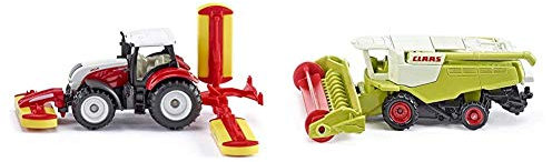 Siku 1672, Steyr Traktor mit Pöttinger Mähwerkskombination, Rot, Spielzeugfahrzeug für Kinder & 1476, Claas Mähdrescher, Metall/Kunststoff, Grün, Bewegliche Haspel, Schwenkbares Abtankrohr