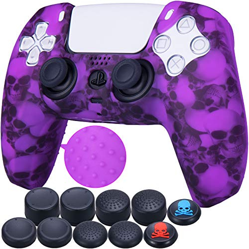 9CDeer 1 x Stück Schutzfolie Transferdruck Silikon Dick Hülle + 10 Thumb Grips für PlayStation 5 / PS5 Controller Schädel lila
