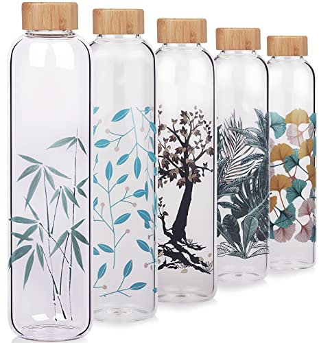 Cleesmil Sport Trinkflasche Glas Wasserflasche 1000 ml / 1 Liter BPA Free Glasflasche mit Neoprenhülle (Bambus)
