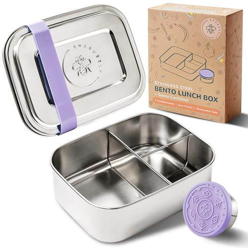 Everusely - Bento Box - Lavender, 27oz / 0.8 L - Stainless Steel Lunch Box with Leakproof Condiment Container - 3 Compartment Snack Container - Freezer & Dishwasher Safe