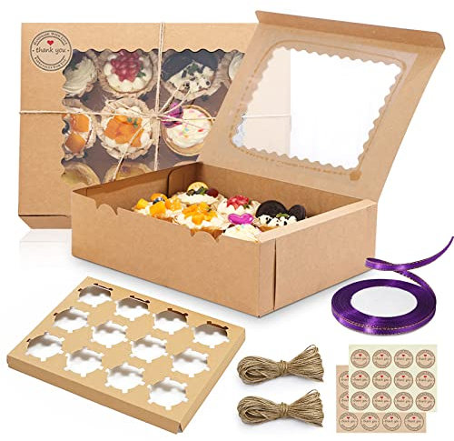 TWBEST Boîte Cupcakes Lot de 15 Boîtes à Cupcakes Bakery Kraft Contenant Boite Papier Kraft Marron Boîtes pour Cadeaux et Gâteaux Maison avec Fenêtre Transparente pour Cupcakes Muffins Décoratifs