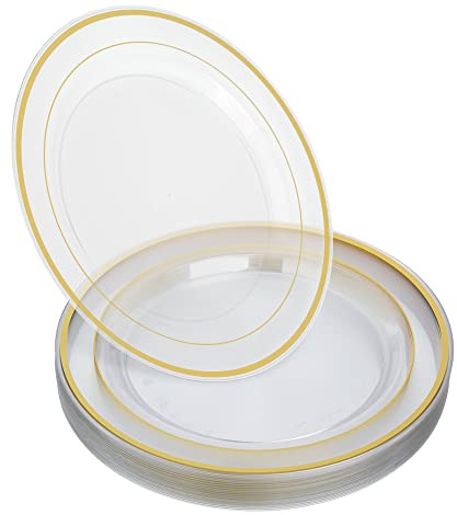 STACKABLES ~ Pack of 20 Hard Plastic Plates ~ 10.25 Inch Round Clear Plate with Doubled Gold Rim ~ Multi-Purpose Reusable Plate for Weddings Parties Catering & Picnic