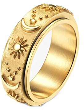 Mesnt Edelstahlringe Damen, Drehbarer Sonne-Mond-Stern-Fidget-Ring Silber/Gold/Schwarz Größe