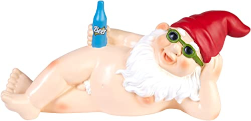 BRUBAKER Nain de Jardin Nu Couché - Nain Naturiste avec Bière et Lunettes de Soleil - Figure de Jardin Provocante Nudiste - Drôle Décoration Résistante aux Intempéries pour Extérieur 24 cm