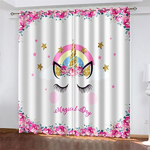 MTBDyyds Rosa Einhorn Sterne 140X100Cm Verdunkelungsvorhänge 3D Drucken Verdunklungsvorhänge Kinderzimmer 2 Stück Vorhang Blickdicht Ösenschal Kindergardinen Junge Verdunklungsgardine
