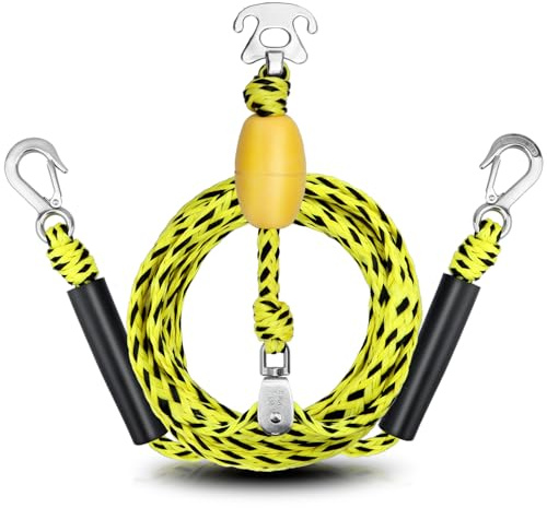 Boat Tow Harness for Tubing, Heavy-duty 13ft Self Centering Tow Rope Up to 4 Riders with Float Ball, Stainless Steel Hooks and Pulley for Watersports,Towing Towable Tube, Water Ski, Wakeboard (Yellow)
