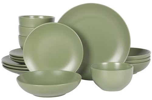 Gibson Home Queenslane 16 Piece Double Bowl Plates and Bowls Dinnerware Sets - Matte Green