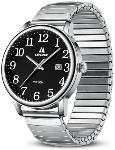 LN LENQIN Mens Watches Analog Quartz Watches for Men Stainless Steel Waterproof Men's Wrist Watch Easy Reader 38 mm Expansion Band