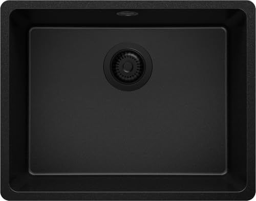 PRIMAGRAN Fregadero Cocina al Mueble 60cm + Kit de desagüe, 56x44cm | Set: Kit de desagüe (sifón, válvula, rebosadero) + Venecia Easy Slim 1 Seno Granito, Todo Negro