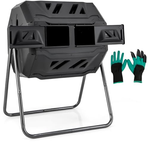 RELAX4LIFE 160L Komposter Garten, Schnellkomposter mit 2 Kammern, 16 Lüftungsschlitzen & Schiebetüren, Trommel Kompost 360° drehbar inkl. Handschuhe, Trommelkomposter für Balkon, 70x63x93 cm (Schwarz)