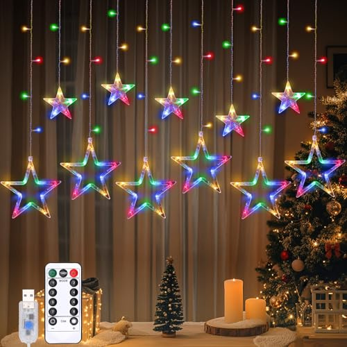 Lewondr 138 LED Stern Vorhang Lichter, Hängende Lichterkette mit 6H Timer & 8 Modi, USB & Fernbedienung Zeichenfolge Lichter für Weihnachten Schlafzimmer Indoor Dekoration, Buntes Licht