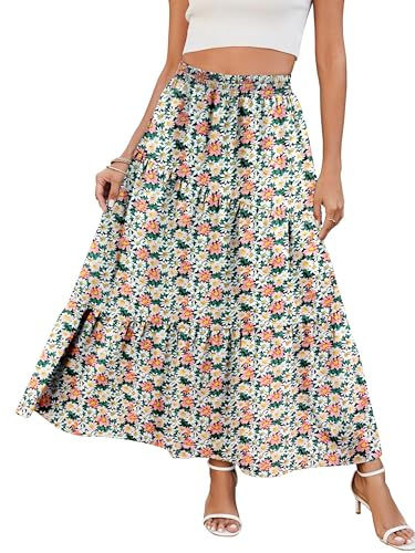 Timuspo kjol dam lång med fickor maxi kjol hög elastisk midja sommar A-linje enfärgad flytande sommarkjol ledig elegant blommor veckad kjol strandkjol veckad kjol, Blomma rosa vit, XL
