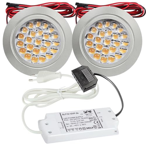 Lichtfaktor24 2er Set LED Möbel Einbaustrahler 12V ultra flach 2.4W Einbauleuchten Mira 190lm mit LED Trafo und 230V Zuleitung 4000k Neutralweiß Lochausschnitt: 58 bis 60mm Silber Plug and Play Spots