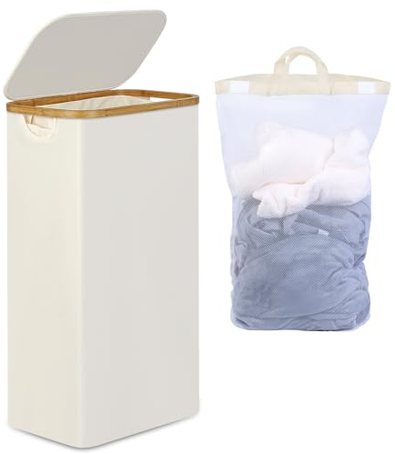 efluky Wäschekorb mit Deckel 75L, Schmal Wäschekorb mit Waschbarer Innentasche, Beige Wäschebehälter mit Bambusgriffen, Faltbare Wäschekörbe für Waschküche, Schlafzimmer, Badezimmer