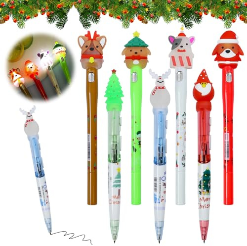 Seasboes 7 Stück Weihnachten Kugelschreiber, Einziehbarer Kugelschreiber, Gelschreiber, Weihnachtsfeier Favor Geschenk, Weihnachtskugelschreiber Kinder,Druckkugelschreiber LED Kann Licht Aussenden