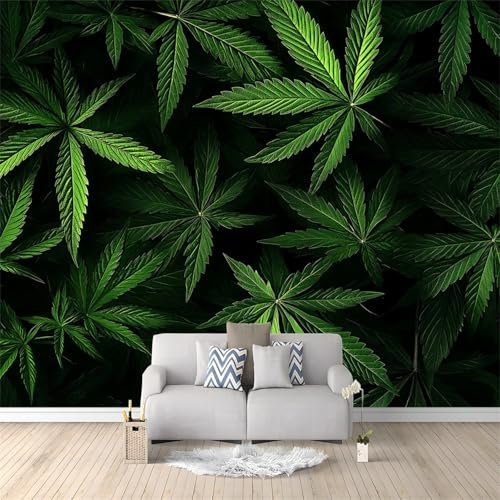 Tapete Grün Schwarz Tapeten Vliestapete mit Cannabisblätter Pflanzen für Schlafzimmer, Küchentapete Wand Abwaschbar Schrankaufkleber Schlafzimmer Wandtapete Badezimmer Möbel Wohnzimmer 350 x 256 cm
