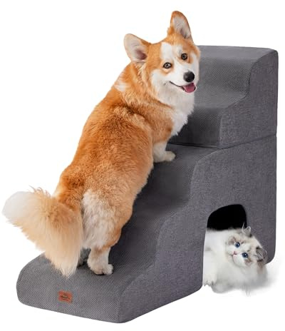 Gray Curved Dog Stairs Ramp for High Beds 28.7 H, 5-Step Dog Steps for Small Dogs and Cats, Pet Stairs for High Bed Climbing, Non-Slip Balanced Pet Step