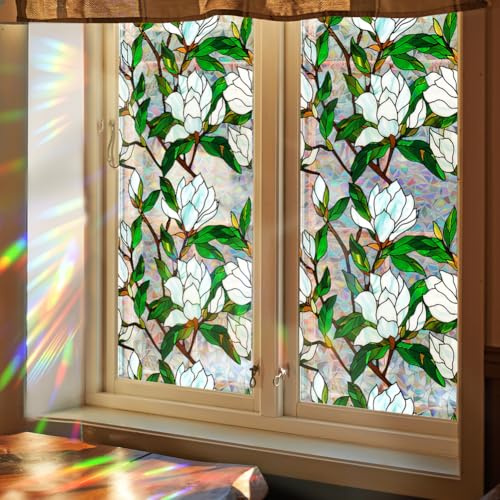 GORGECRAFT 100x43cm Weiße Blume Regenbogen Fenster Sichtschutz Fensterfolie 3D Buntglas Fensterfolie Dekorative Sonnenschutzfolie Statische UV Beständige Aufkleber Nicht Klebend Wiederverwendbarer Auf