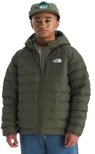 The North Face Boys' Reversible Perrito Hooded Jacket - Lightweight, Water Resistant Coat, Performance Insulation, New Taupe Green, Medium