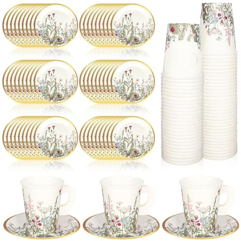 Whaline 80 tazze da tè e piattini di carta con motivo floreale selvatico vintage da 255 ml, usa e getta, con manico e piatti da dessert, per matrimoni, compleanni, feste di tè primaverili