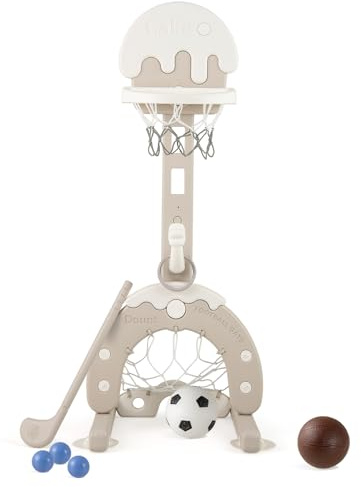 COSTWAY Kids Basketball Hoop, 4 in 1 Sports Activity Center with Football Goal, Golf, Ring Toss, Height Adjustable Indoor Basketball Stand for Toddlers